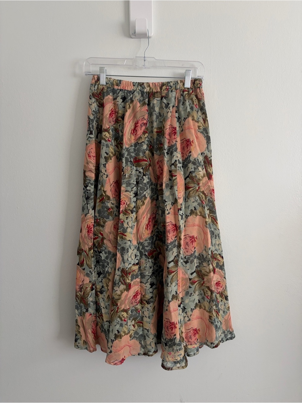 Vintage reversible Pink Rose Print Elastic Waist Maxi Skirt